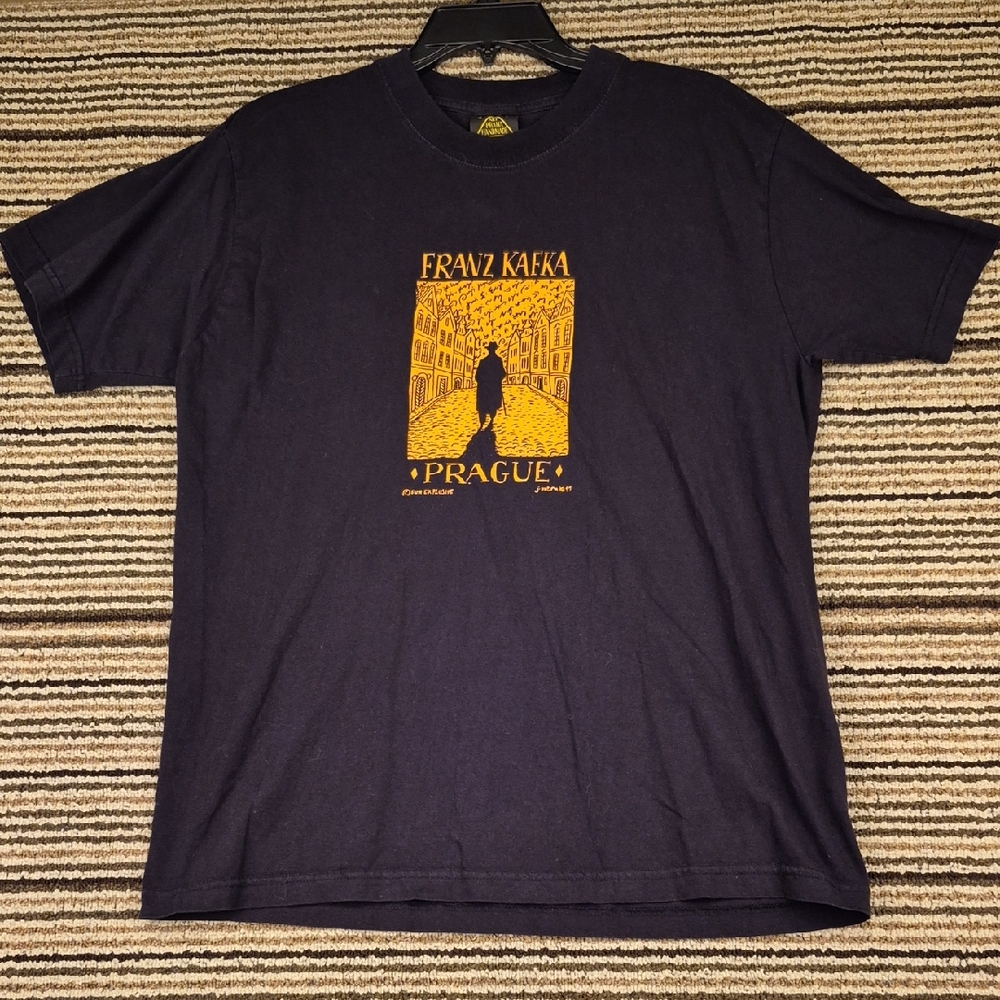 FRANZ KAFKA Writer Black Art Praha Handmade Cotton Sz L Mens T Shirt‎ 90s VTG